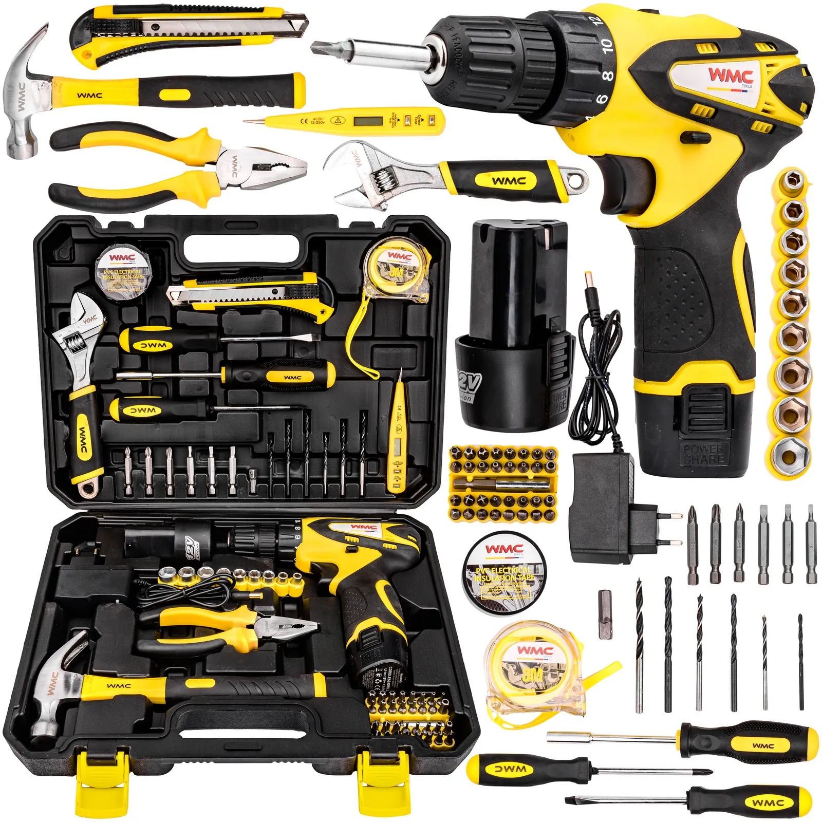 Zestaw narzędziowy 68 el. z wkrętarką 12 V WMC