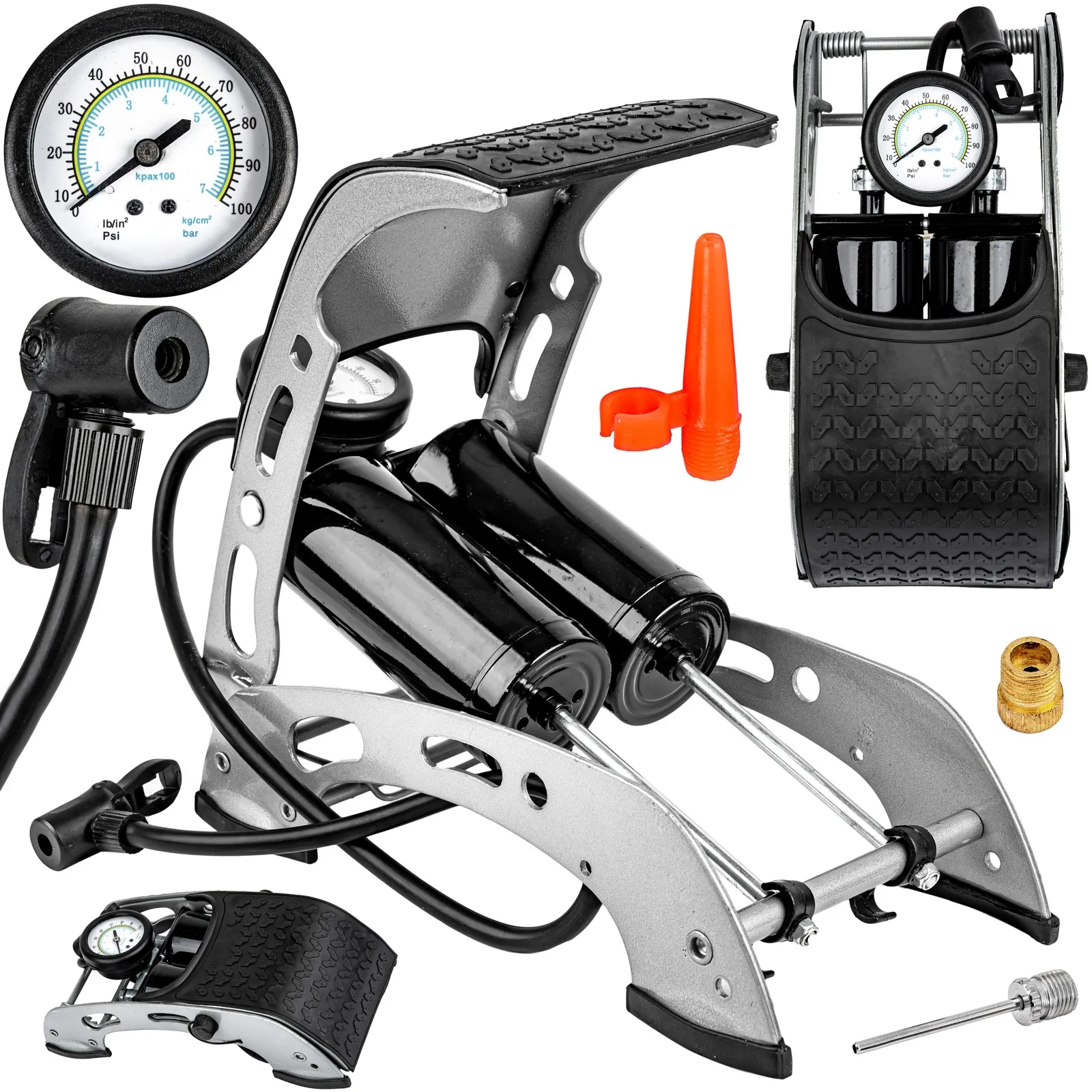 Pompka nożna dwutłokowa z manometrem + adaptery MAR-POL