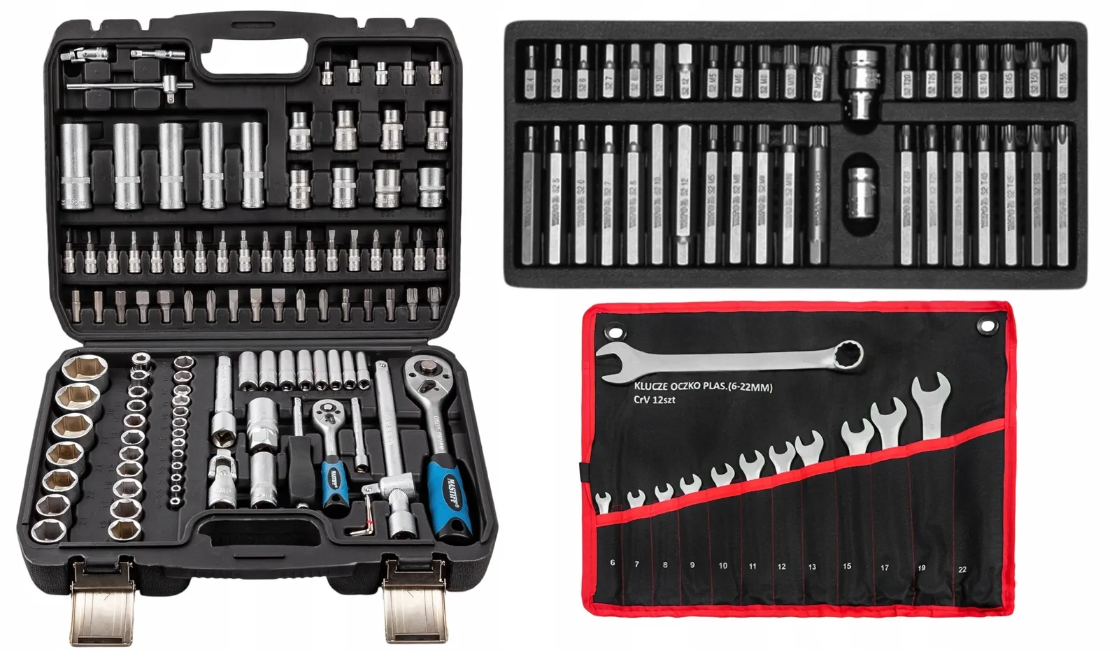 Zestaw klucze nasadowe 108szt. + płasko-oczkowe 12szt. 6-22mm + BITY 40el.