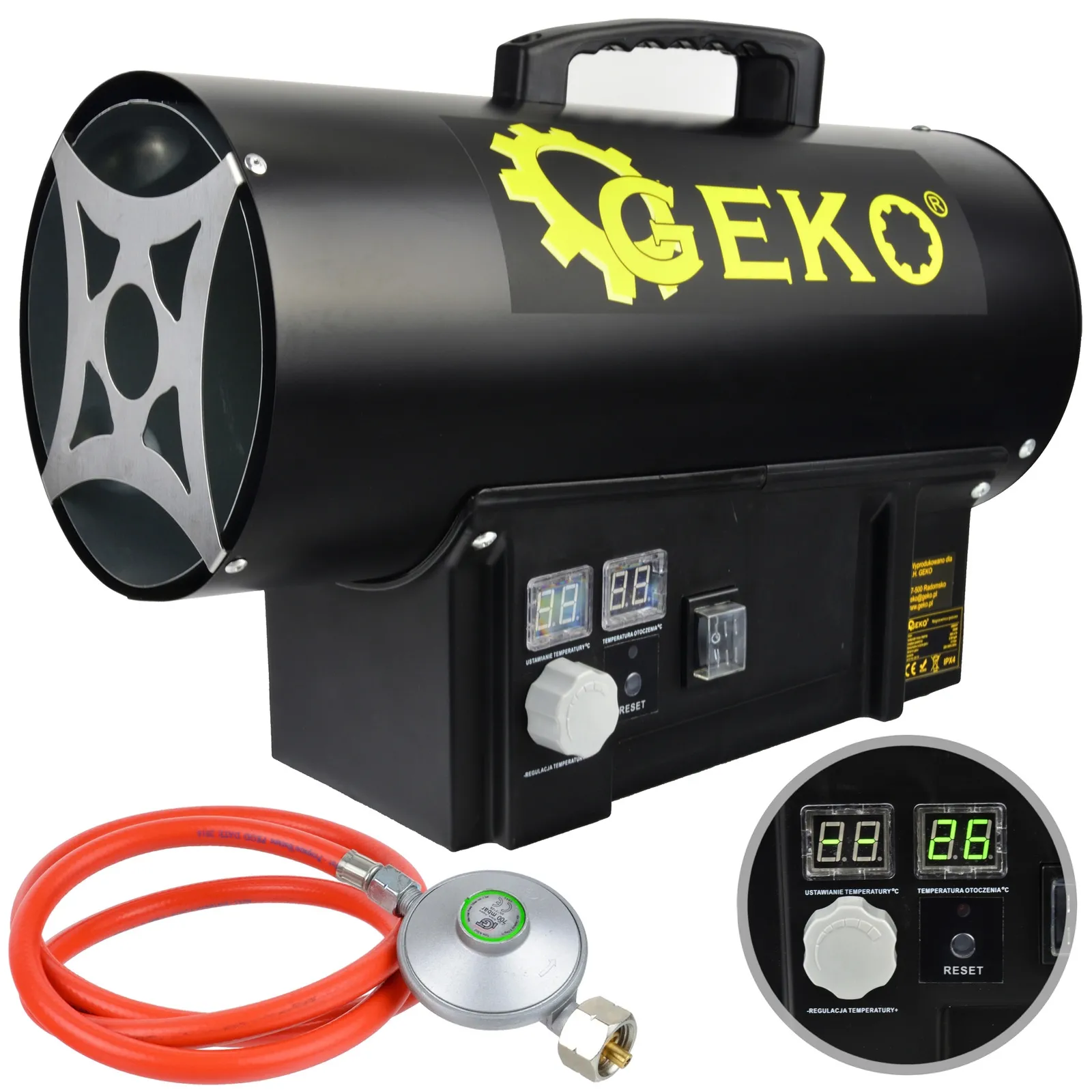 Nagrzewnica gazowa z termostatem piecyk 20kW + wąż i reduktor GEKO