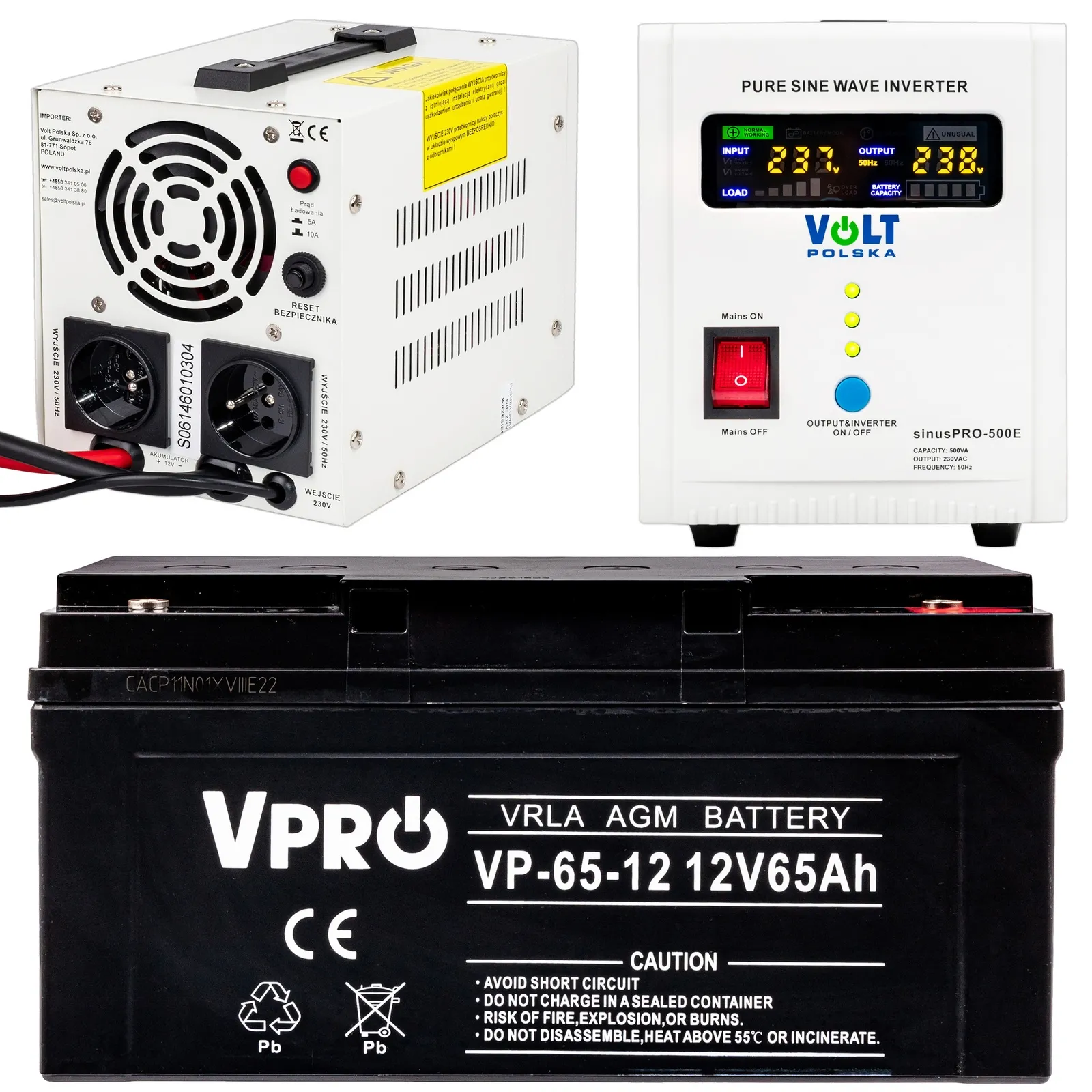 Zestaw Awaryjne Zasilanie Pieca CO Przetwornica 500E + Akumulator 65A VOLT POLSKA