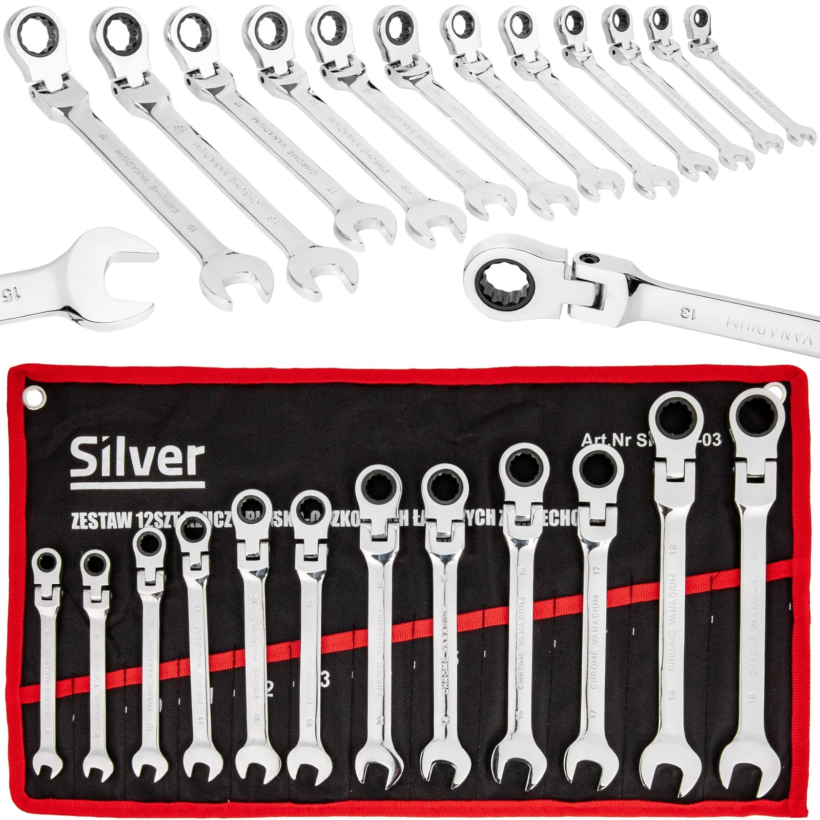 Klucze Płasko Oczkowe z Grzechotką Łamaną 8-19mm 12el. +Płachta SILVER