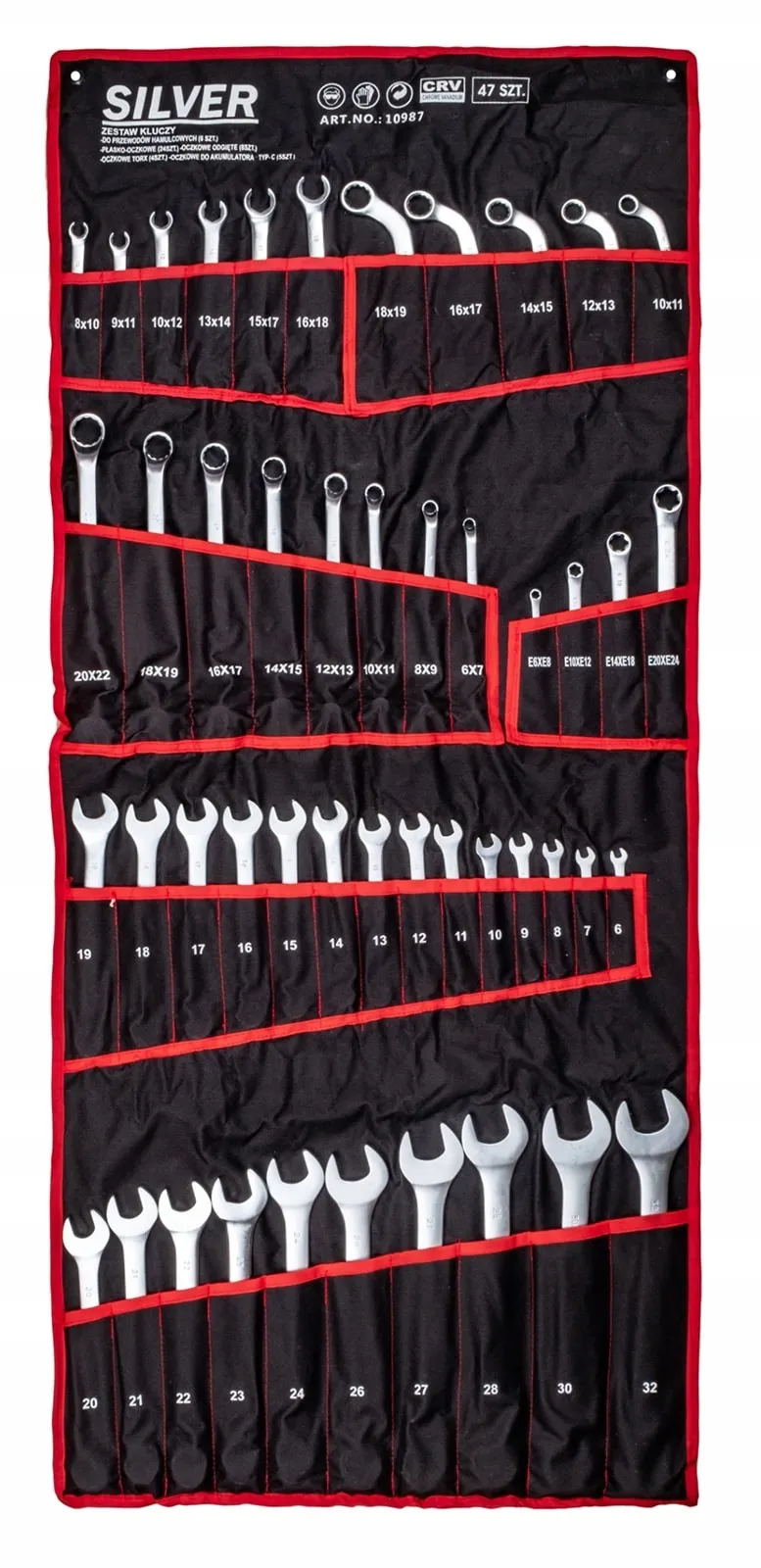 Klucze płasko oczkowe torx wygięte typ c półotwarte 47 sztuk płachta SILVER