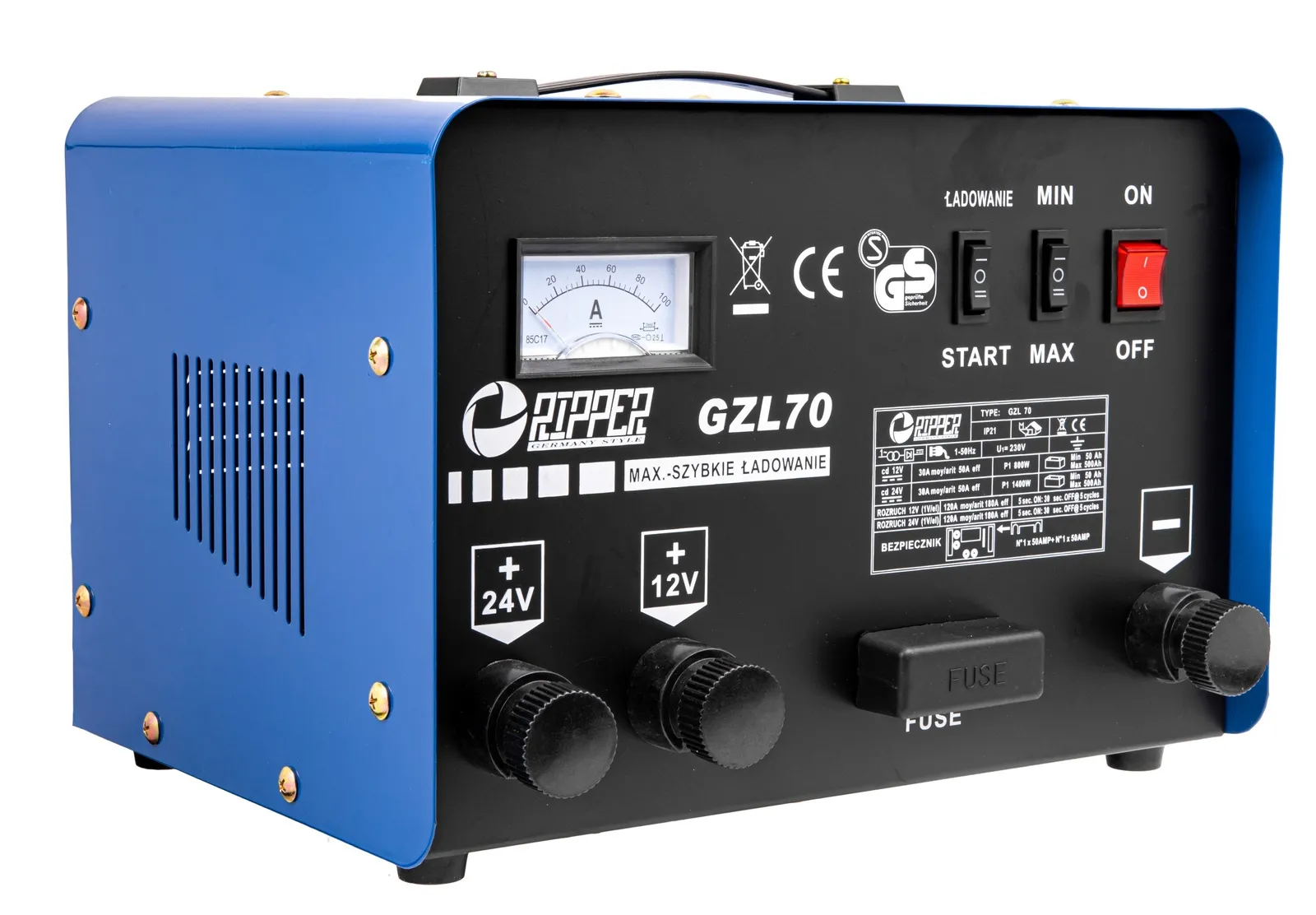 Prostownik samochodowy z rozruchem GZL 12/24V 70A + 200A rozruch MAR-POL