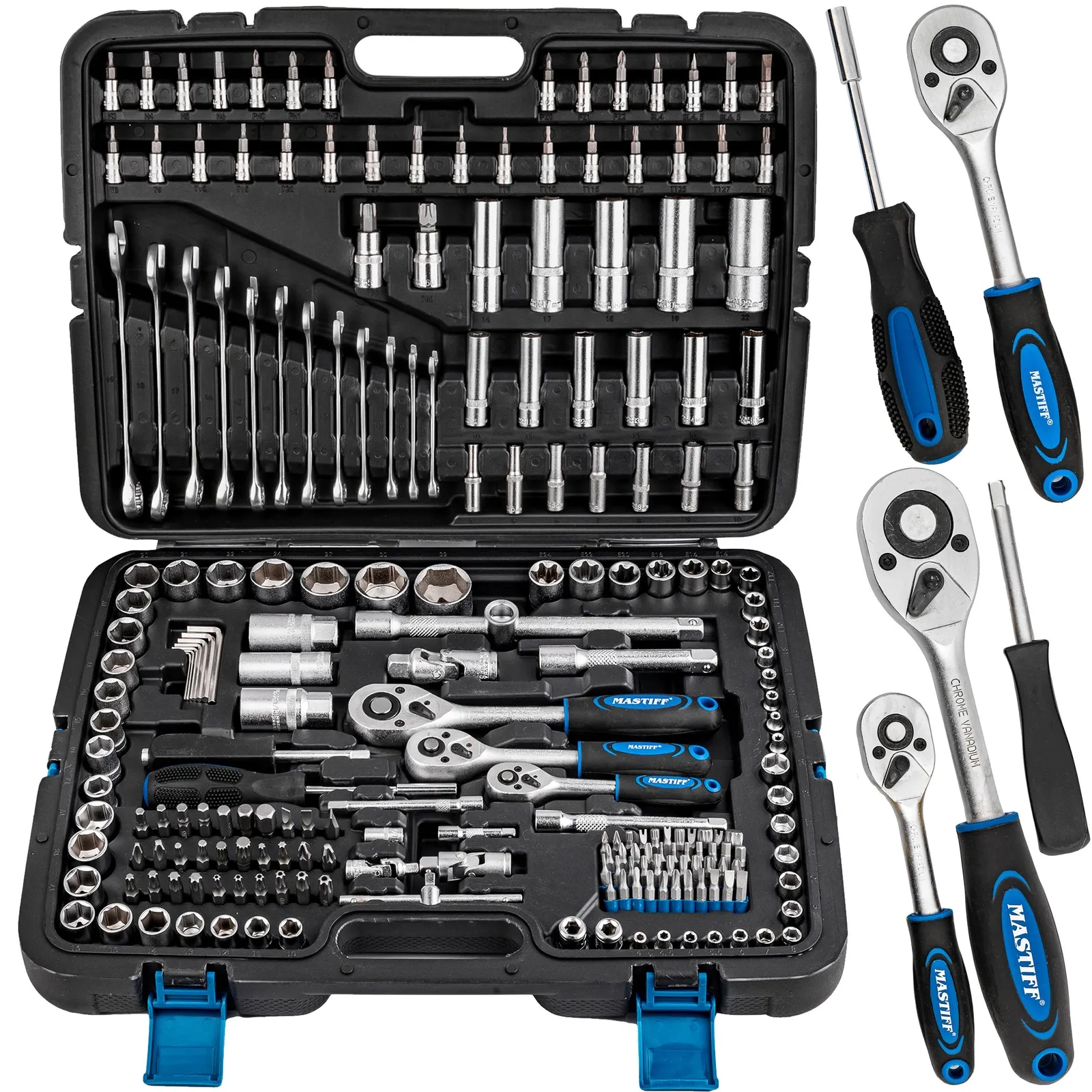 Zestaw klucze nasadowe + płasko-oczkowe + TORX 216 sztuk MASTIFF