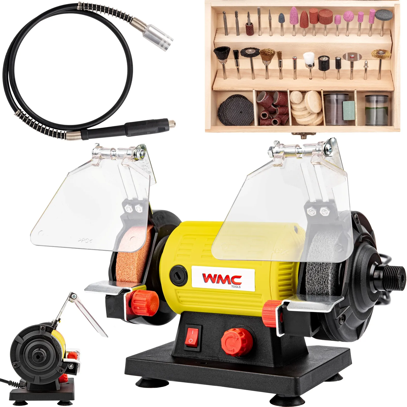 Szlifierka stołowa 120W wraz z multiszlifierką z wałkiem giętkim i zestawem akcesoriów WMC