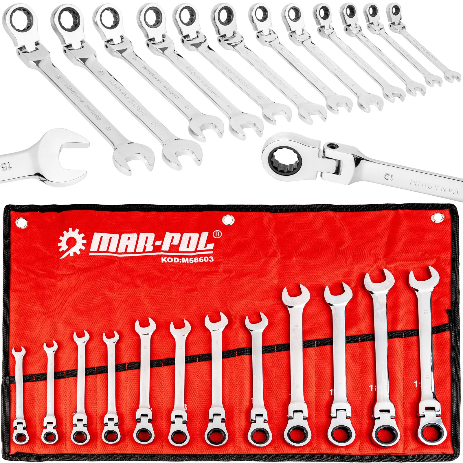 Klucze Płasko Oczkowe z Grzechotką Łamaną 8-19mm 12el. +Płachta MAR-POL