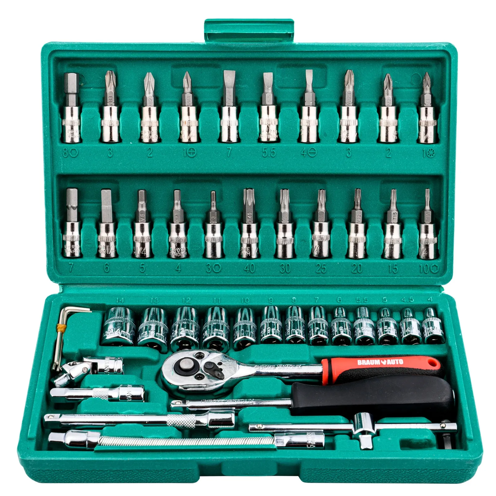 Zestaw kluczy nasadowych 1/4" 46 elementów TORX HEX PZ PH w walizce BRAUM AUTO