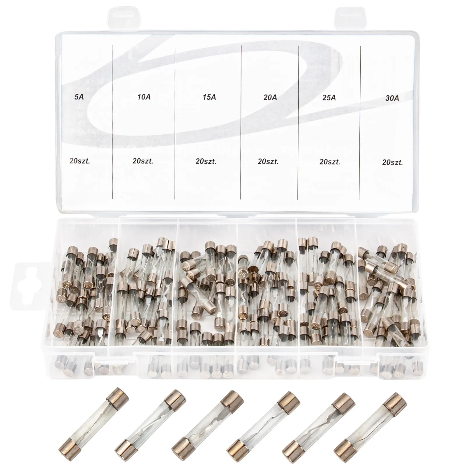 Bezpieczniki Samochodowe Szklane Zestaw 120 szt. 5A-30A FALON-TECH