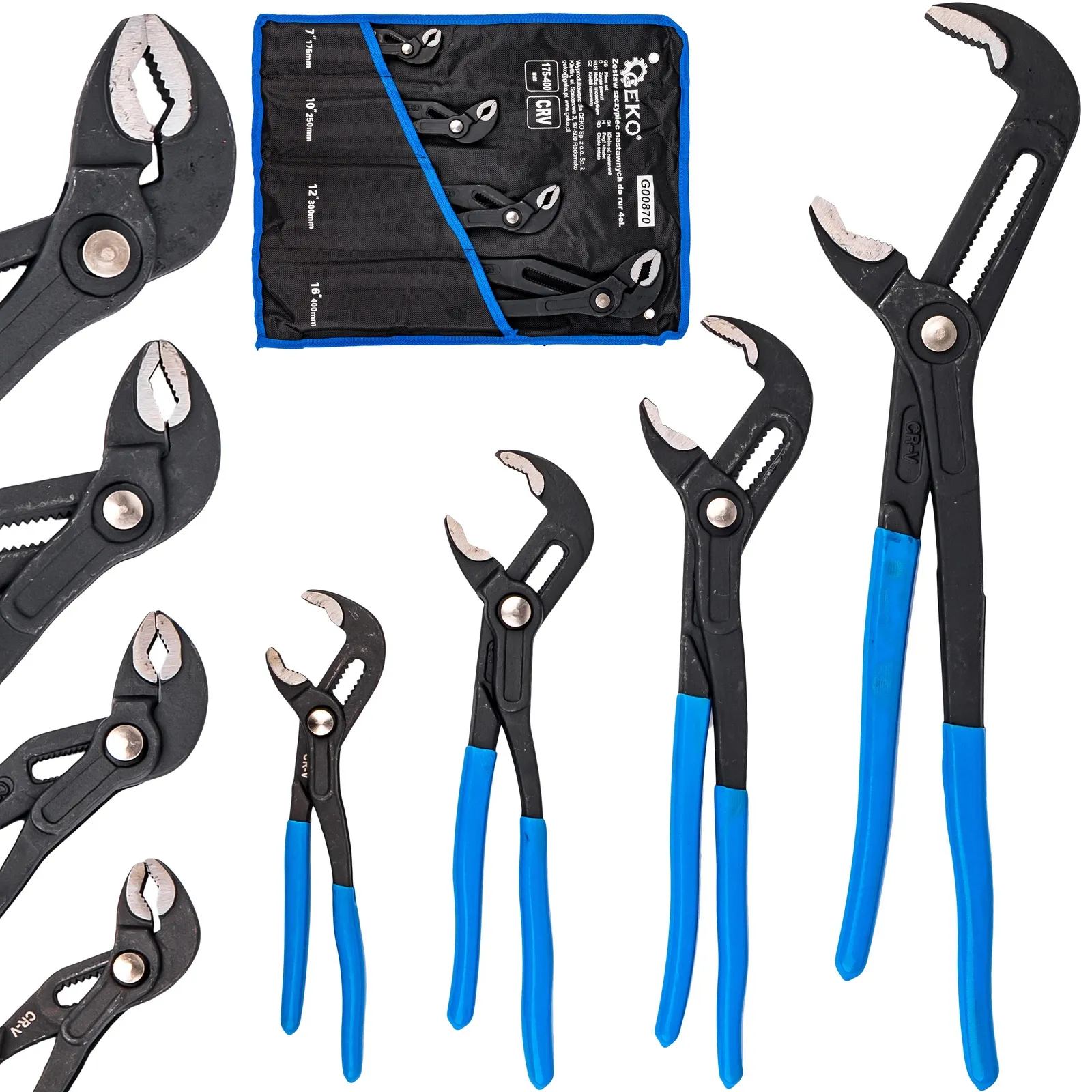 Szczypce nastawne do rur - zestaw 4szt. wraz z płachtą GEKO