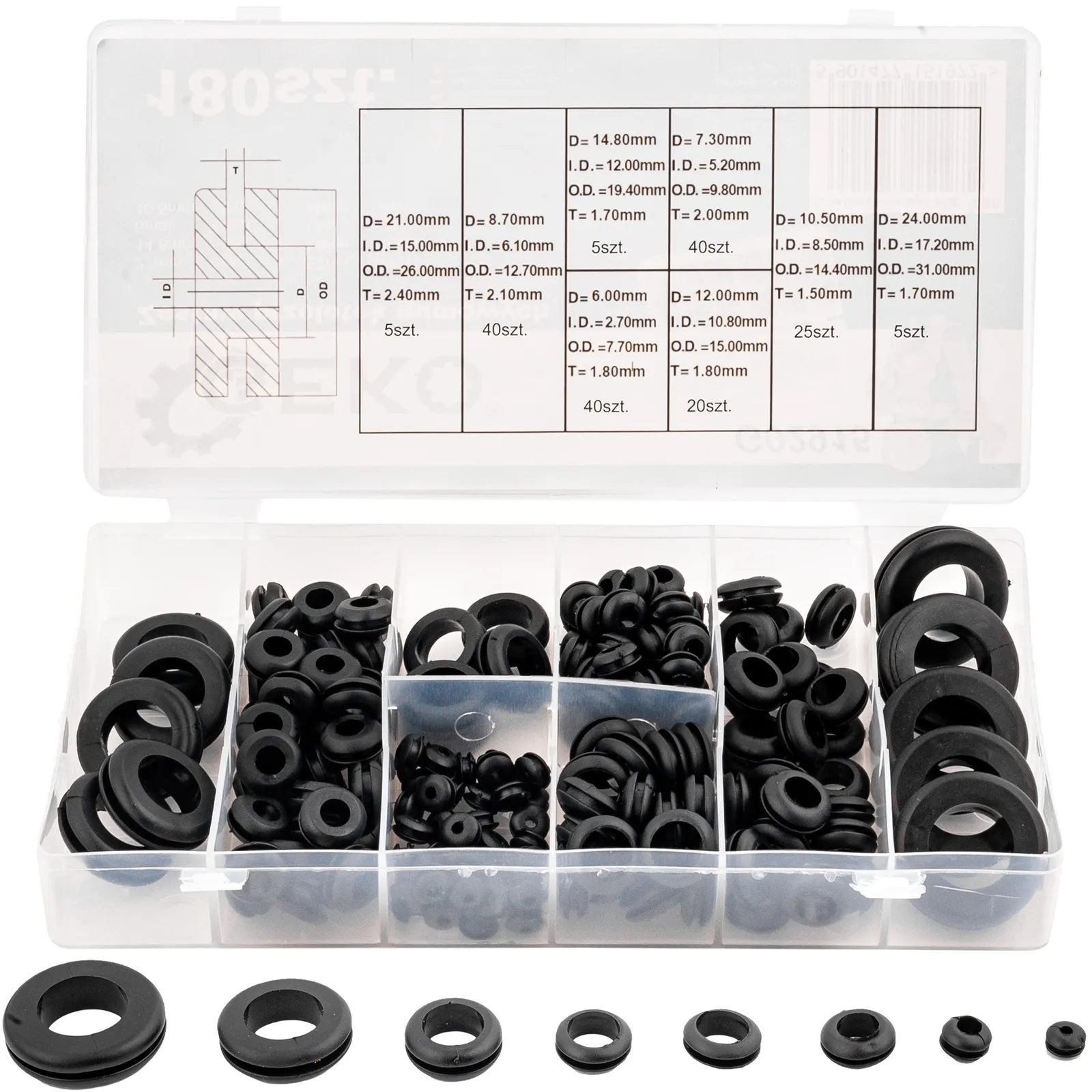 Zestaw przelotek gumowych 180szt FALON-TECH