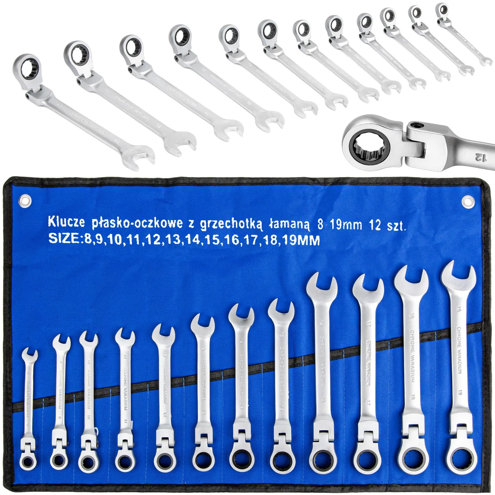 Klucze płasko oczkowe z grzechotką zestaw 8-19mm 12EL Falon-Tech