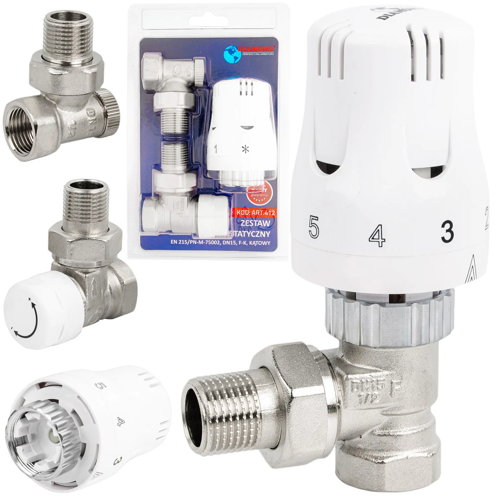 Zestaw termostatyczny kątowy 1/2 głowica + zawory DIAMOND