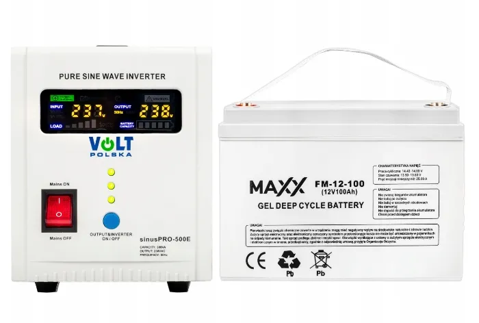 Zestaw awaryjnego zasilania - przetwornica napięcia ups sinuspro-500e 12v 230v 500w + akumulator 100ah
