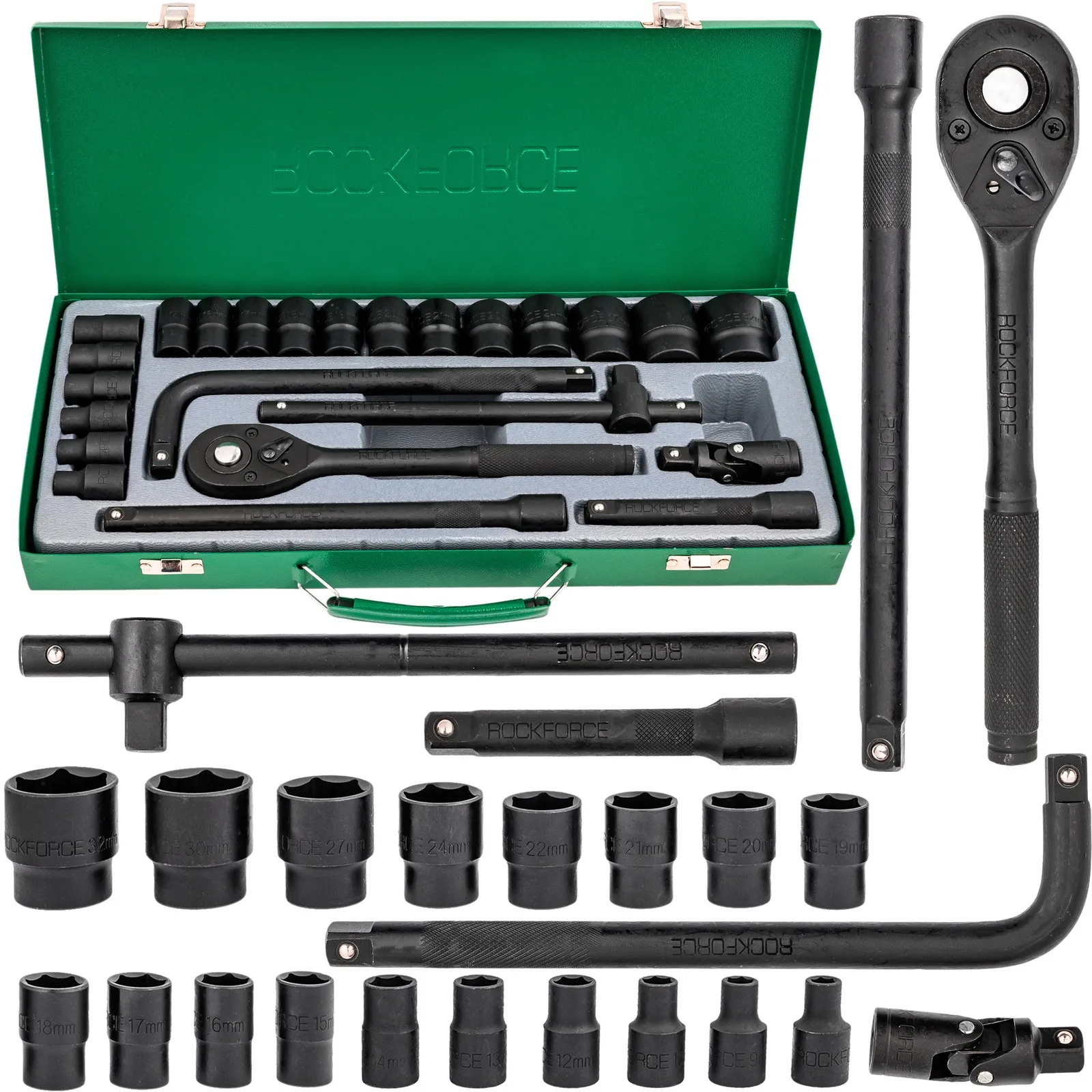 Klucze nasadowe nasadki grzechotka zestaw 1/2" 24el 8-32 mm walizka metalowa ROCKFORCE