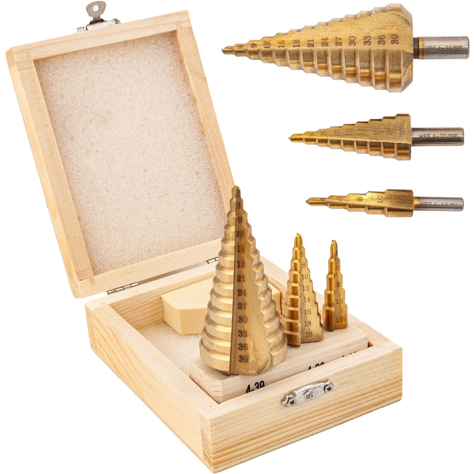 Wiertła stożkowe stopniowe HSS tytanowe 3 sztuki (4-39 mm) FALON-TECH