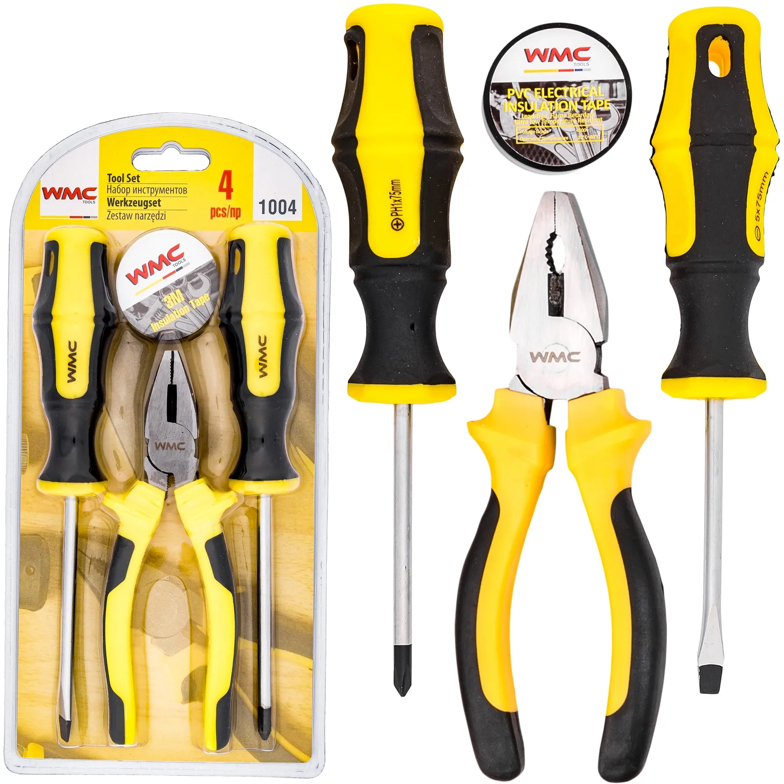 Zestaw wkrętaków śrubokrętów ph szczypce kombinerki taśma izolacyjna 4el WMC