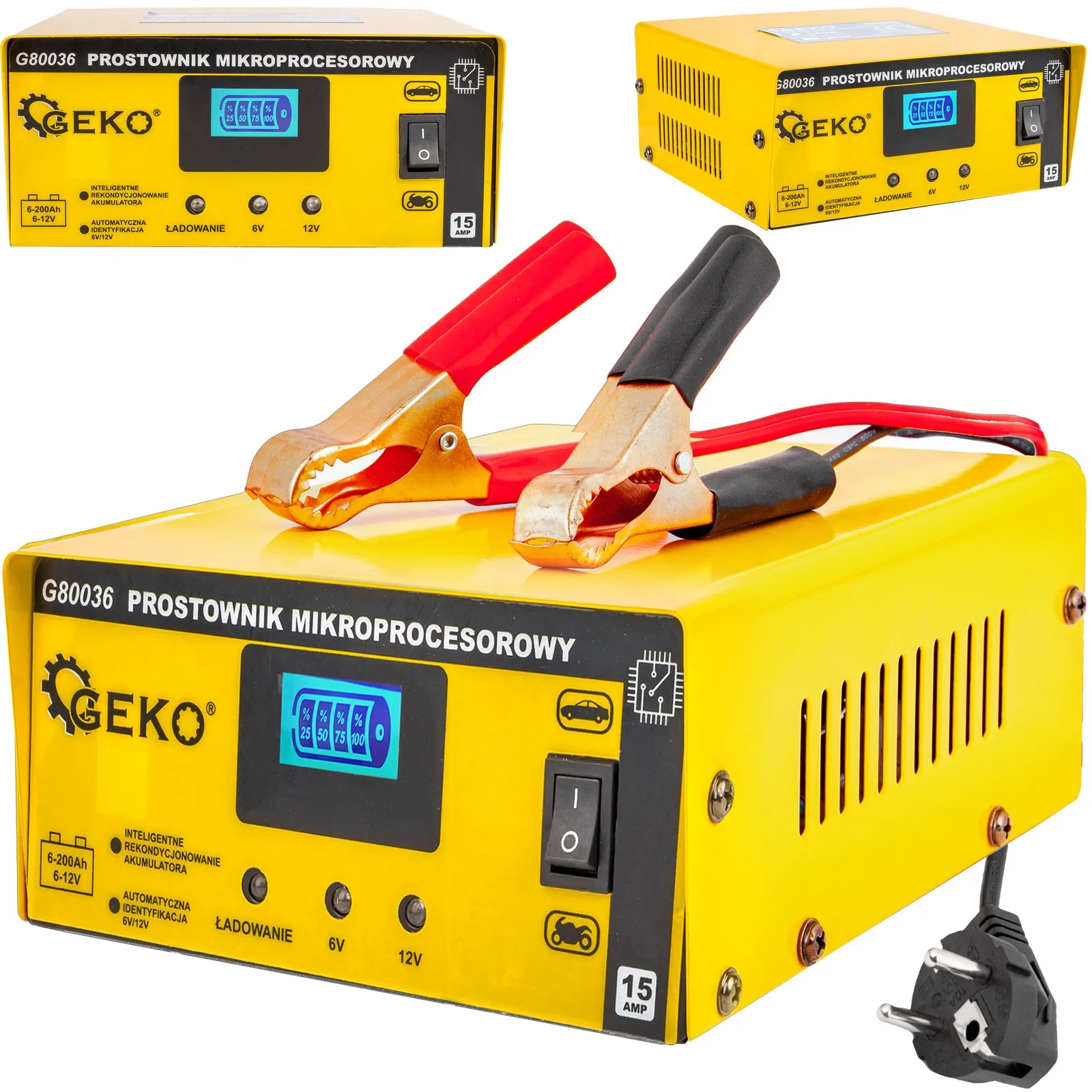 Ładowarka prostownik mikroprocesorowy do akumulatora lcd 6v 12v 15A GEKO