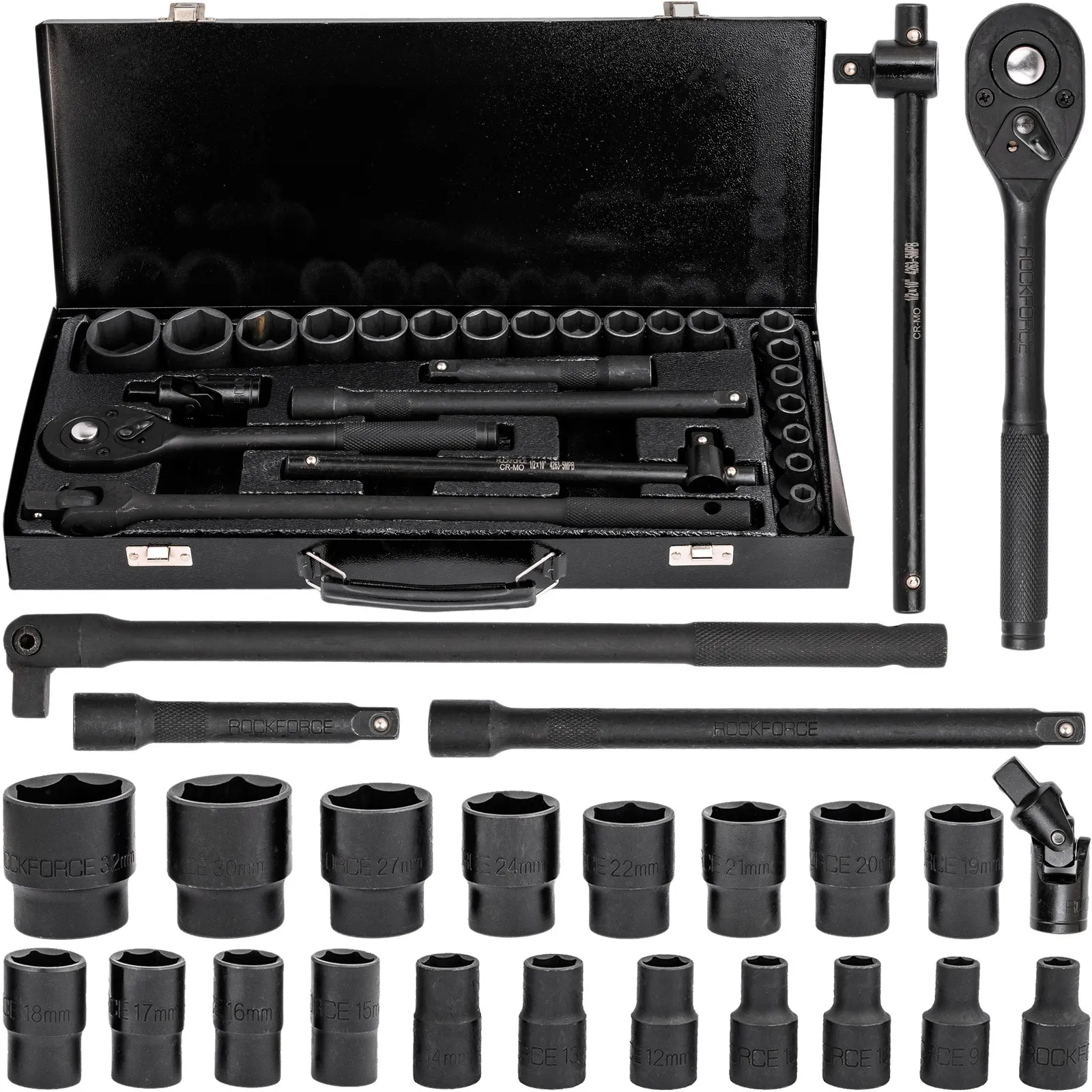 Klucze nasadowe nasadki grzechotka zestaw 1/2" 25el 8-32 mm walizka metalowa ROCKFORCE