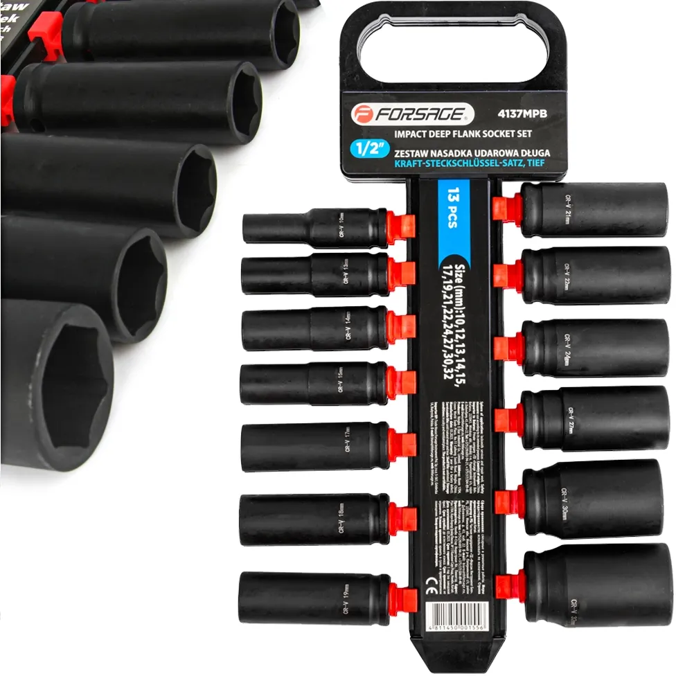 Nasadki udarowe długie klucze nasadowe CRV mocne zestaw 1/2" 10-32 mm 13el FORSAGE