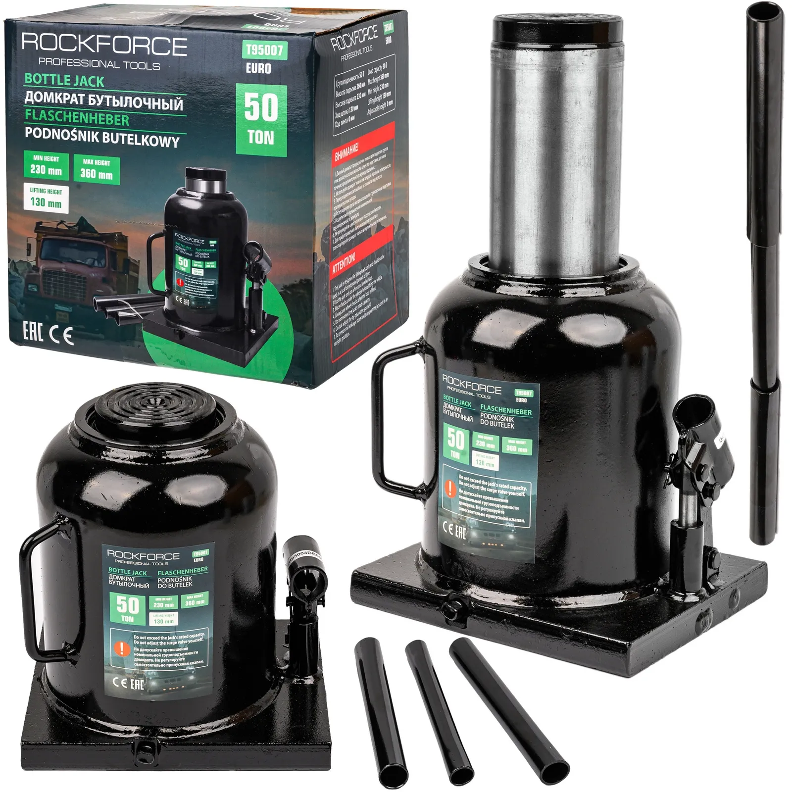 Podnośnik hydrauliczny słupkowy butelkowy maszynowy mocny 50 TON lewarek ROCKFORCE