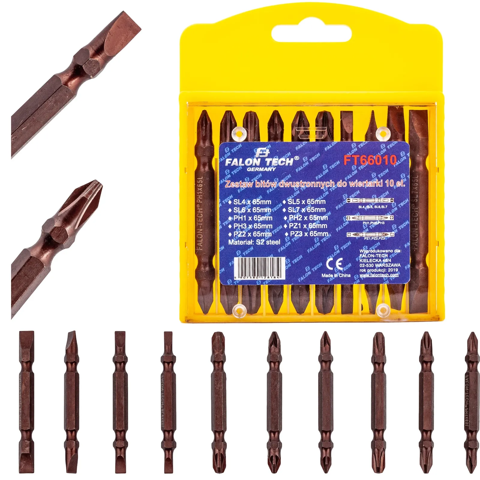 Zestaw bity podwójne 65 mm końcówka dwustronna do wkrętarki wiertarki 10 el FALON-TECH