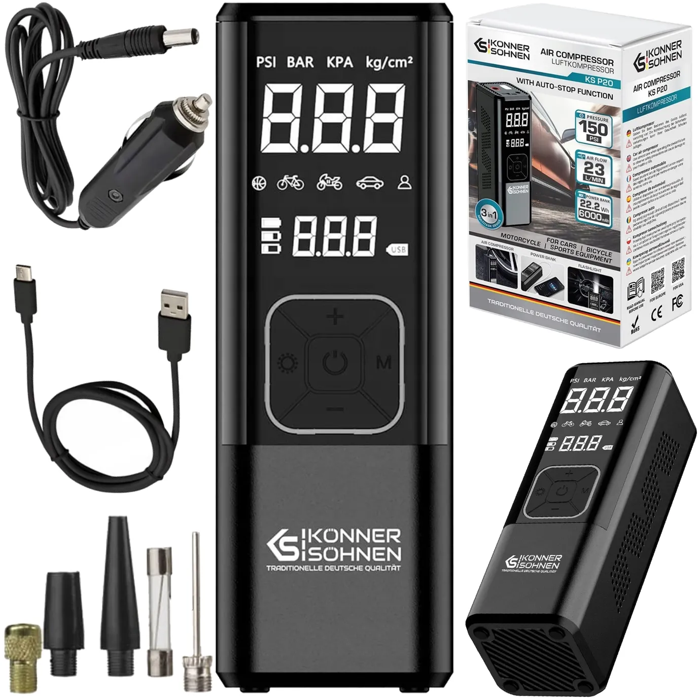 Kompresor akumulatorowy pompka rowerowa do roweru samochodu auta + powerbank KS Könner & Söhnen