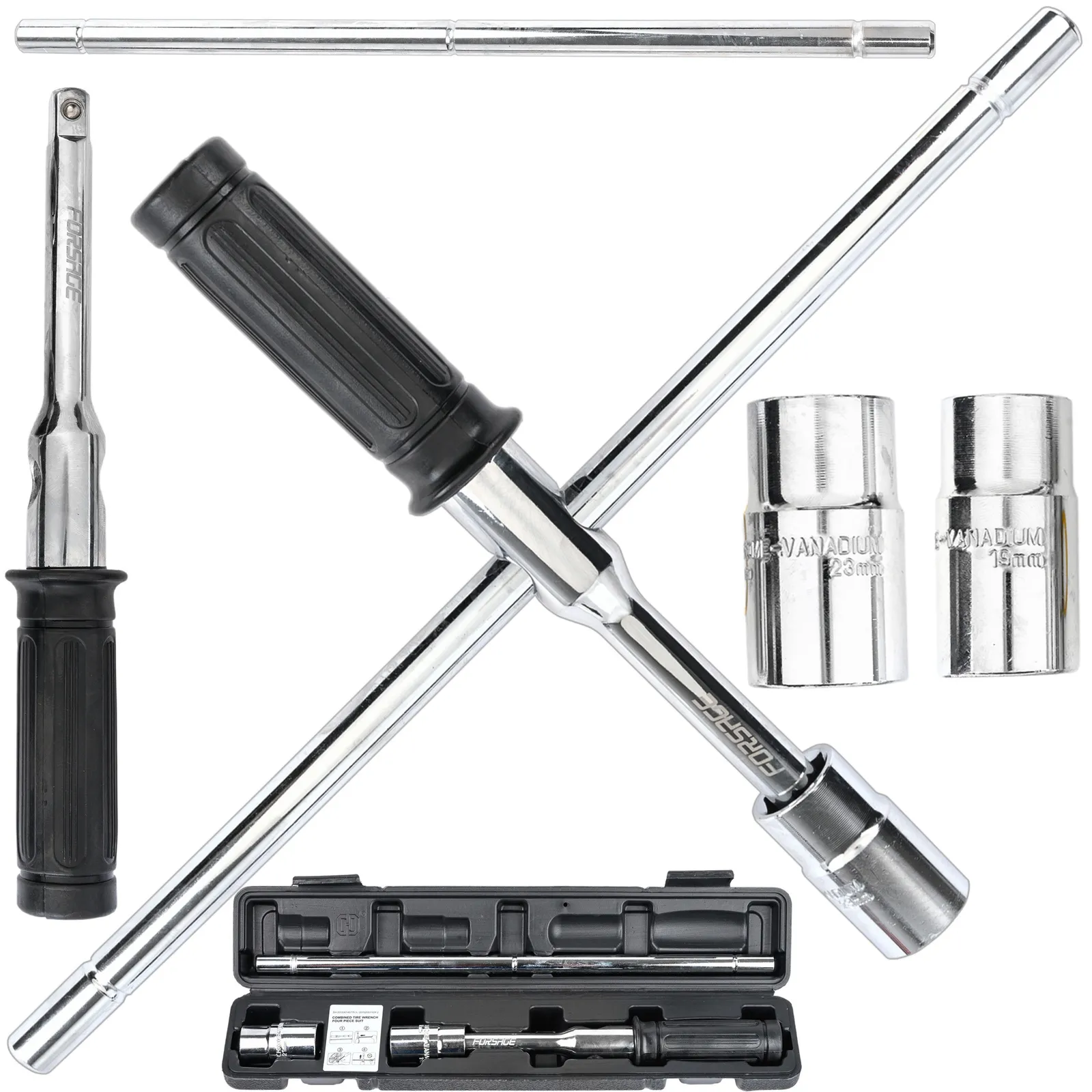 Klucz do kół samochodowy krzyżak składany 4 nasadki 17 19 21 23 mm walizka FORSAGE