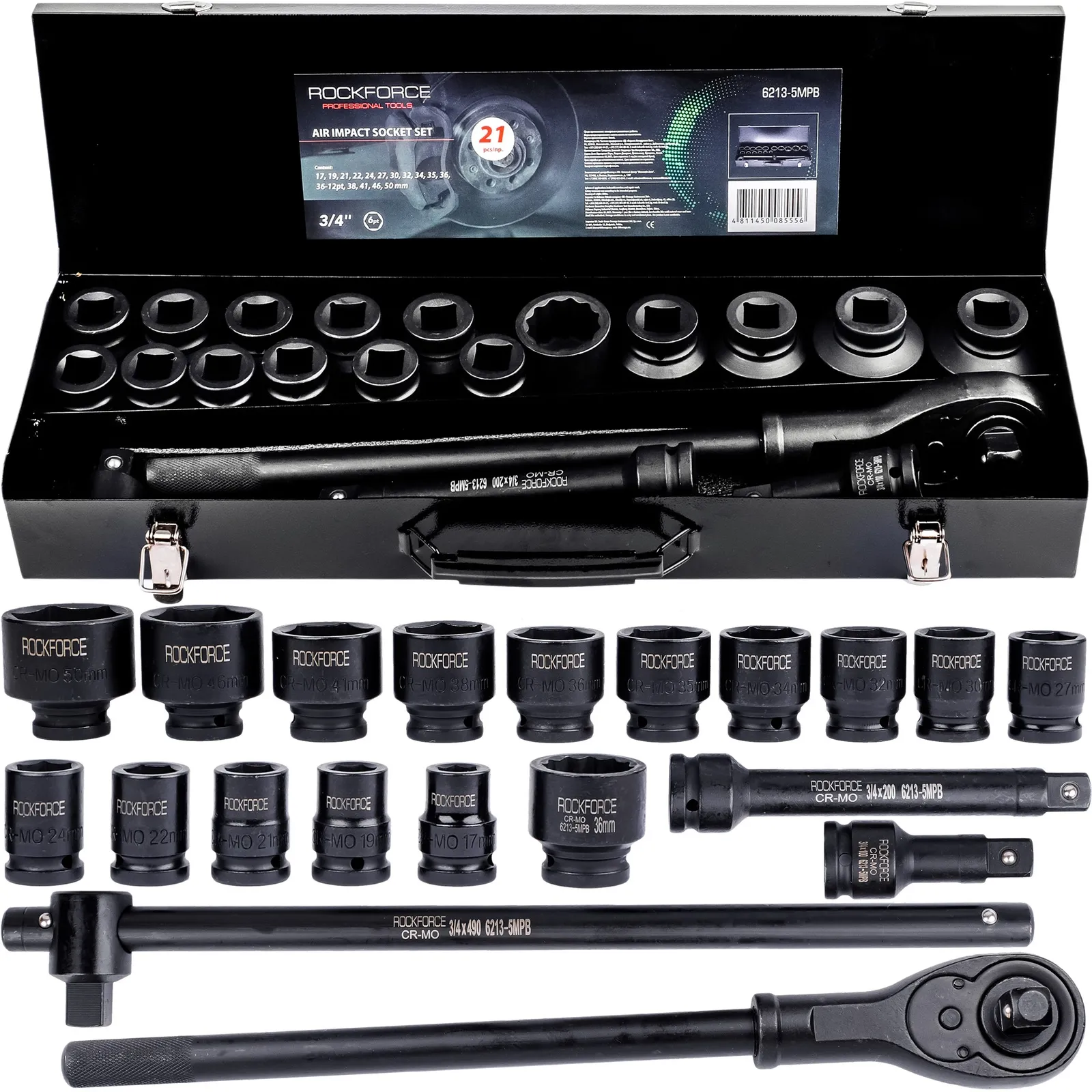Klucze nasadowe nasadki udarowe grzechotka zestaw 1/2" 21el 17-50 mm walizka ROCKFORCE