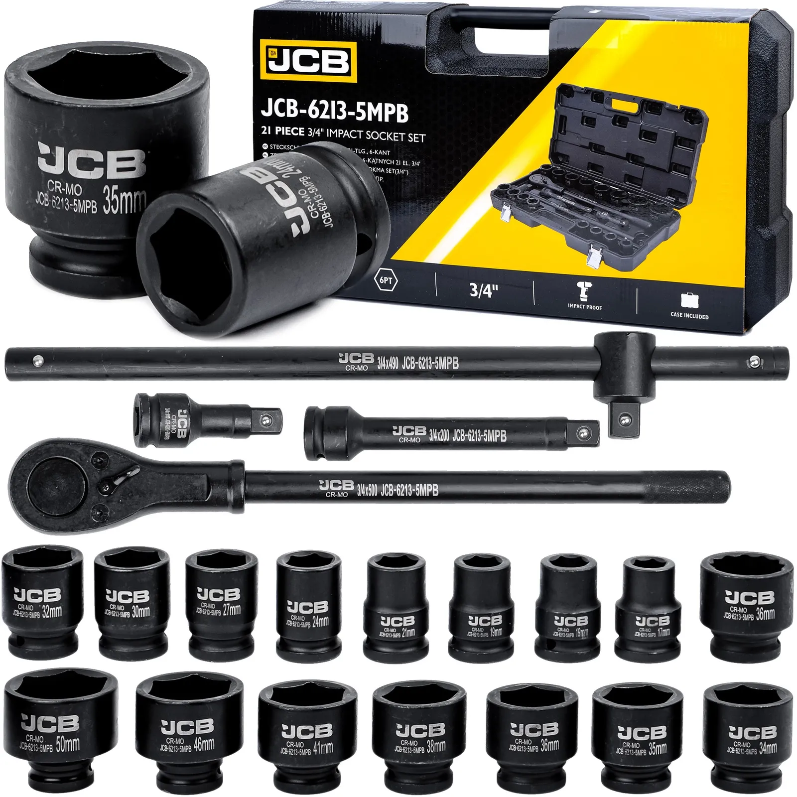 Klucze nasadowe nasadki udarowe grzechotka zestaw 3/4" 21el 17-50 mm 6-k JCB