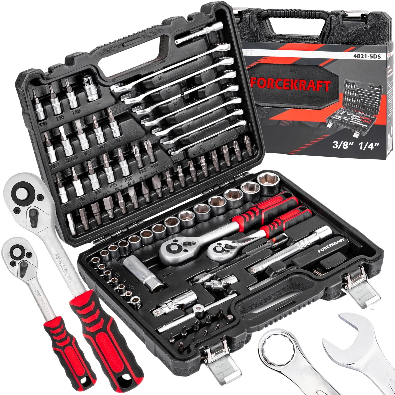 Zestaw narzędziowy klucze płaskooczkowe nasadowe wkrętaki bity 1/4" 3/8" 82el FORCEKRAFT