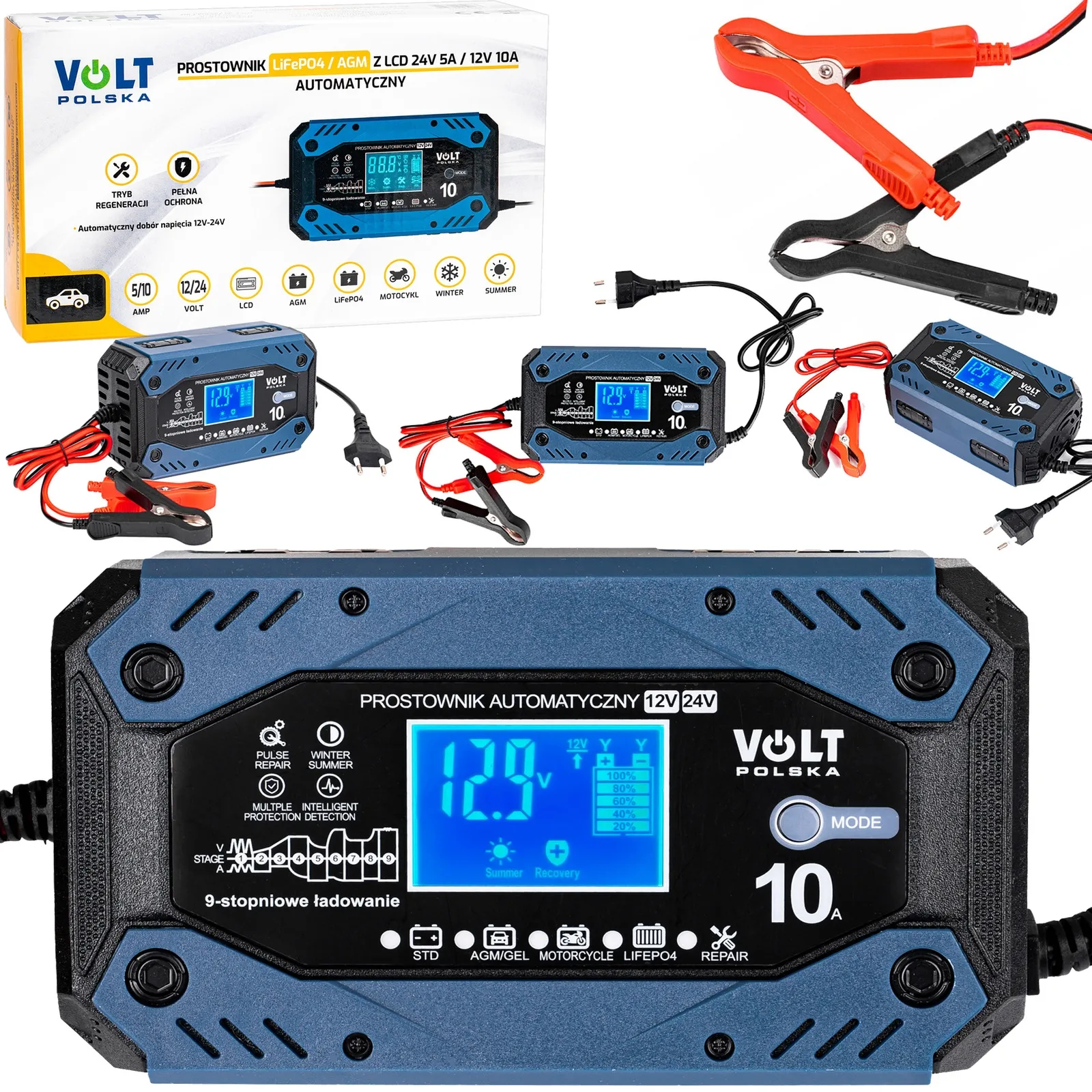 Prostownik ładowarka do akumulatora agm lifepo4 lcd 12V 24V 5A 10A VOLT POLSKA