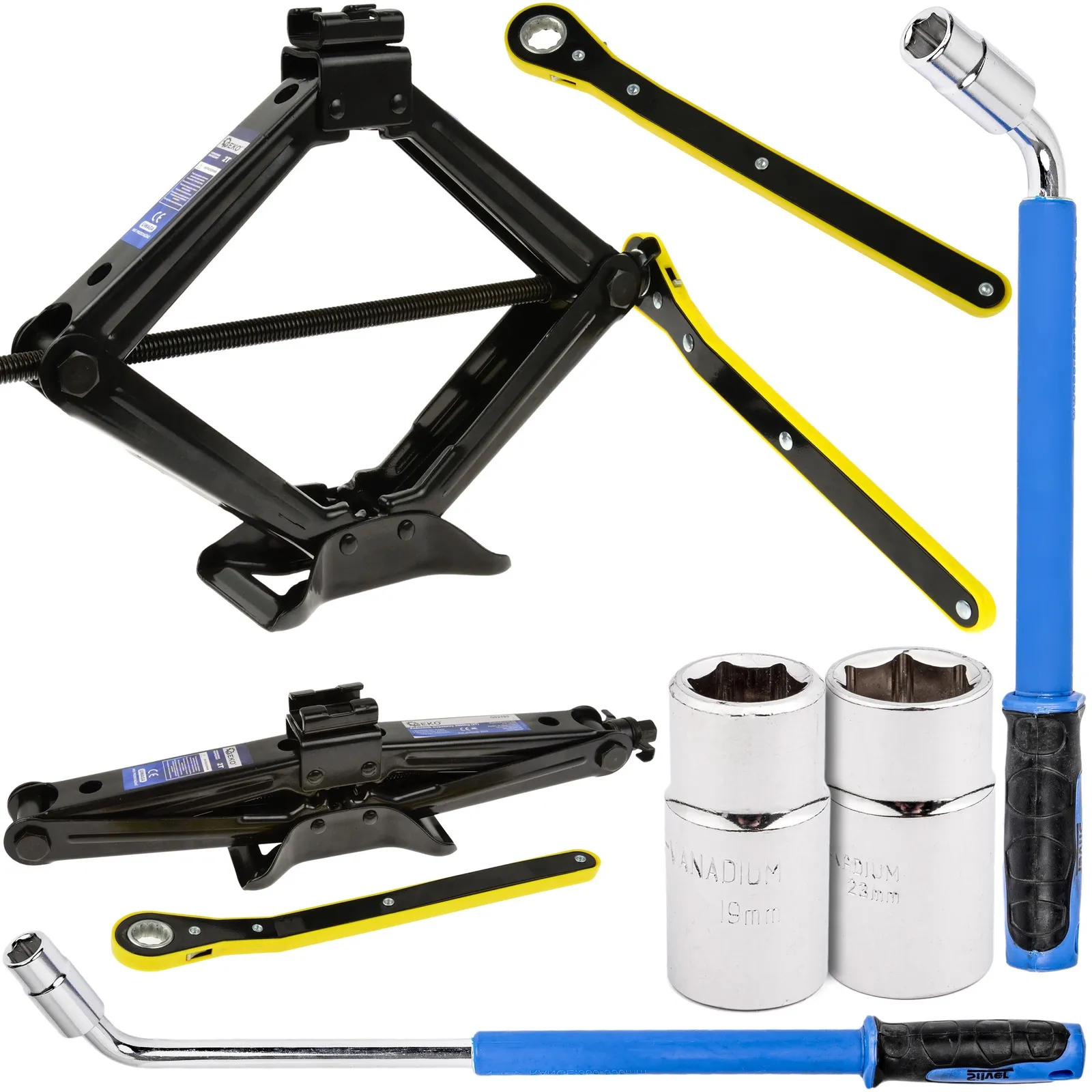Zestaw podnośnik lewarek trapezowy klucz teleskopowy do wymiany kół nasadki