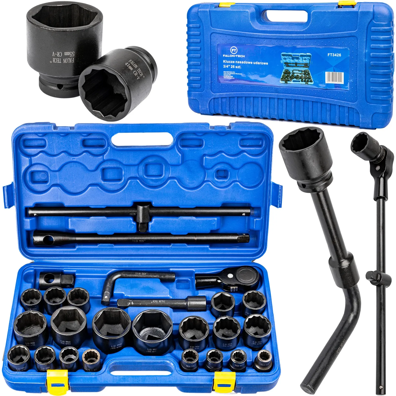 Zestaw klucze nasadowe nasadki udarowe do kół mocne 3/4" 6-K 12-K 26el FALON-TECH