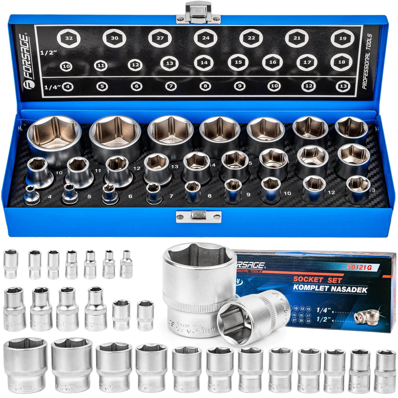 Zestaw nasadek udarowych sześciokątne 1/2" 1/4" Cr-V 4-32mm 25el FORSAGE