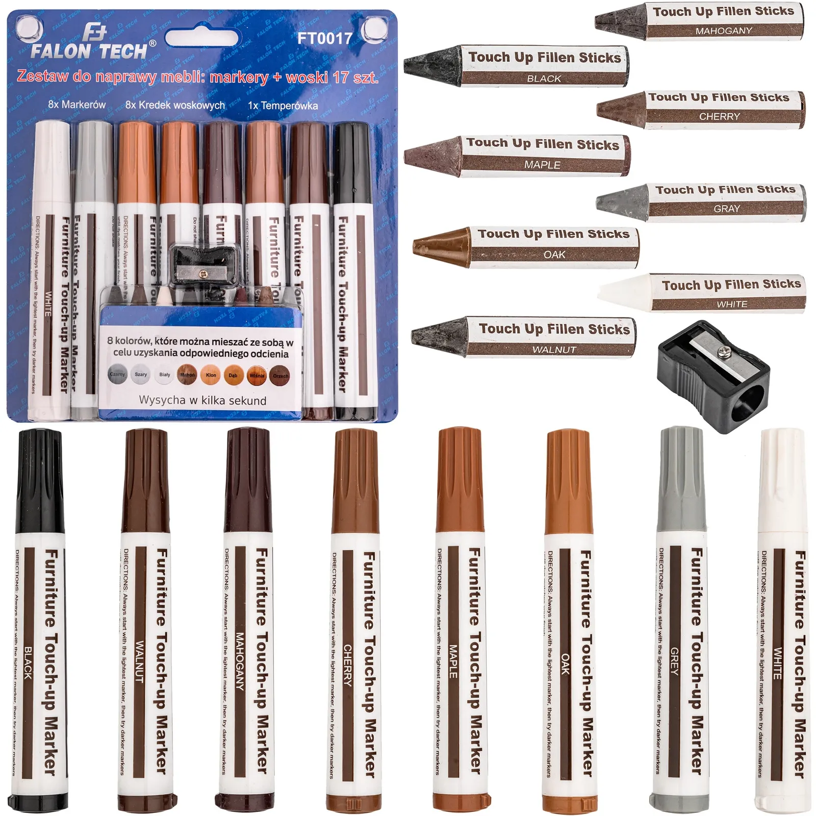 Zestaw naprawczy do drewna (mebli, paneli podłogowych, przedmiotów drewnianych) - markery + wosk - 17el FALON-TECH