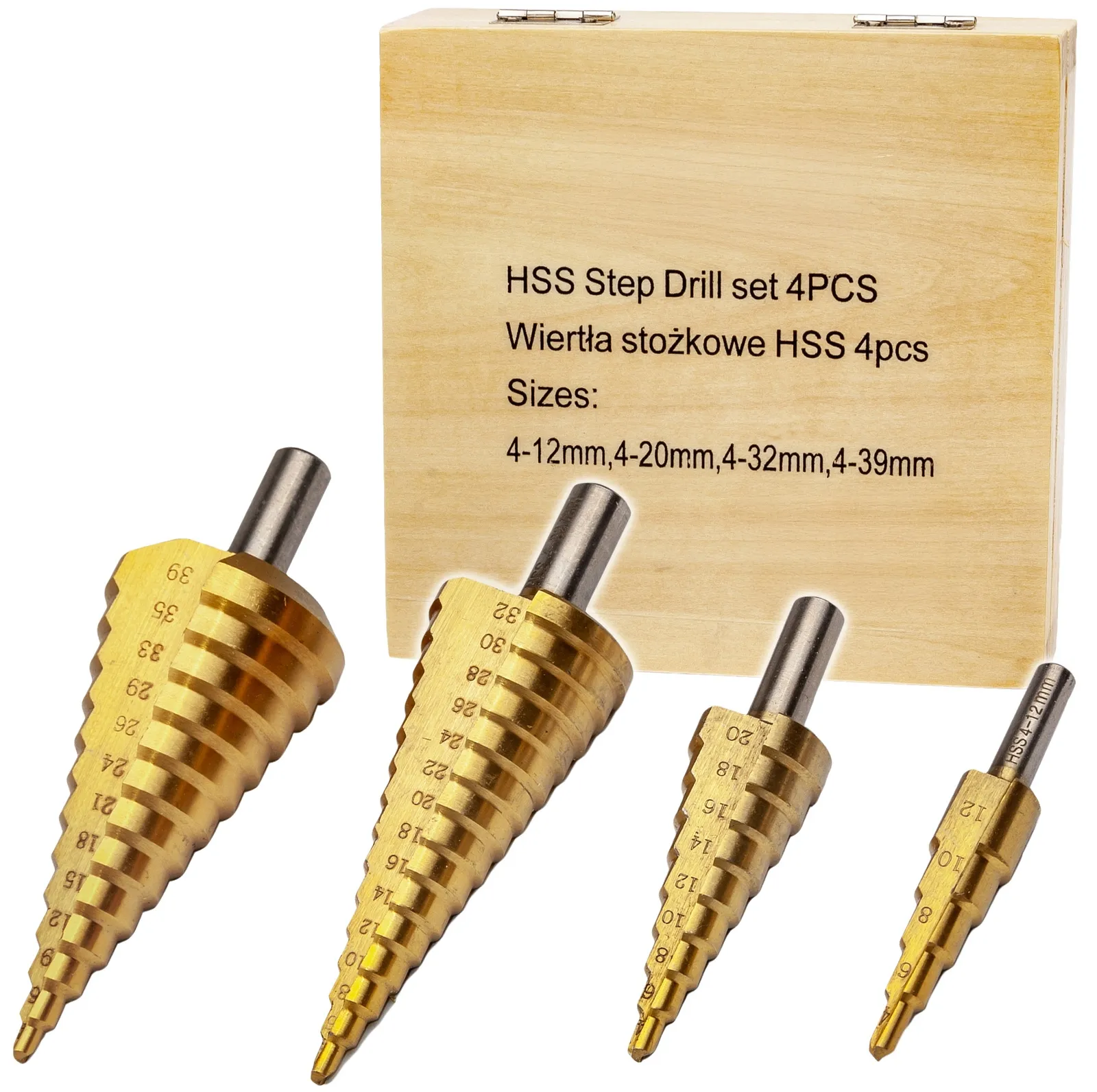 Wiertła stożkowe stopniowe HSS tytanowe 4 sztuki (4-39 mm) SILVER