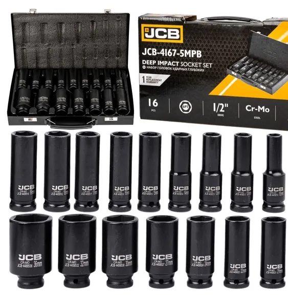 Zestaw nasadki udarowe głębokie do klucz pneumatyczne 1/2" 10-36mm 16el JCB