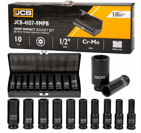 Zestaw nasadki udarowe głębokie do klucz pneumatyczne 1/2" 10-24mm 10el JCB