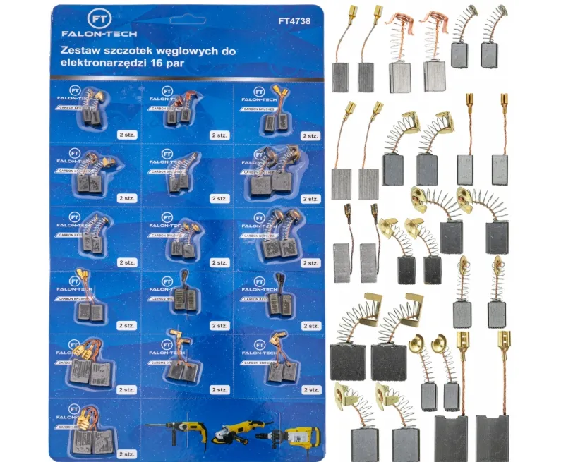 Szczotki węglowe do elektronarzędzi wiertarki uniwersalne zestaw 16 par FALON-TECH