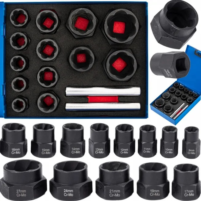 Zestaw nasadek do zerwanych śrub nakrętek nasadki wykrętaki 15el 9-27mm FALON-TECH