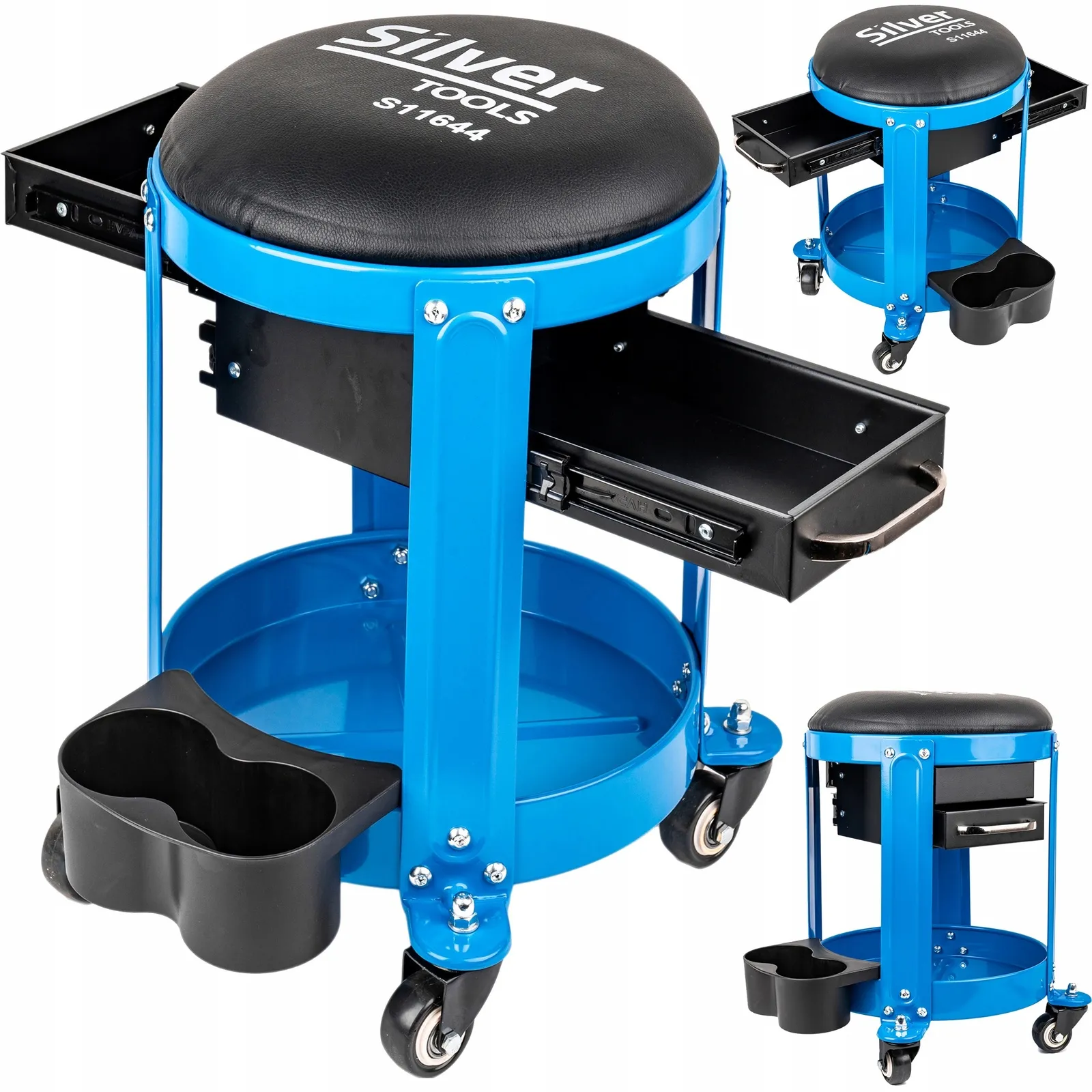 Taboret warsztatowy mobilny stołek z szufladami półki obrotowy regulowany SILVER