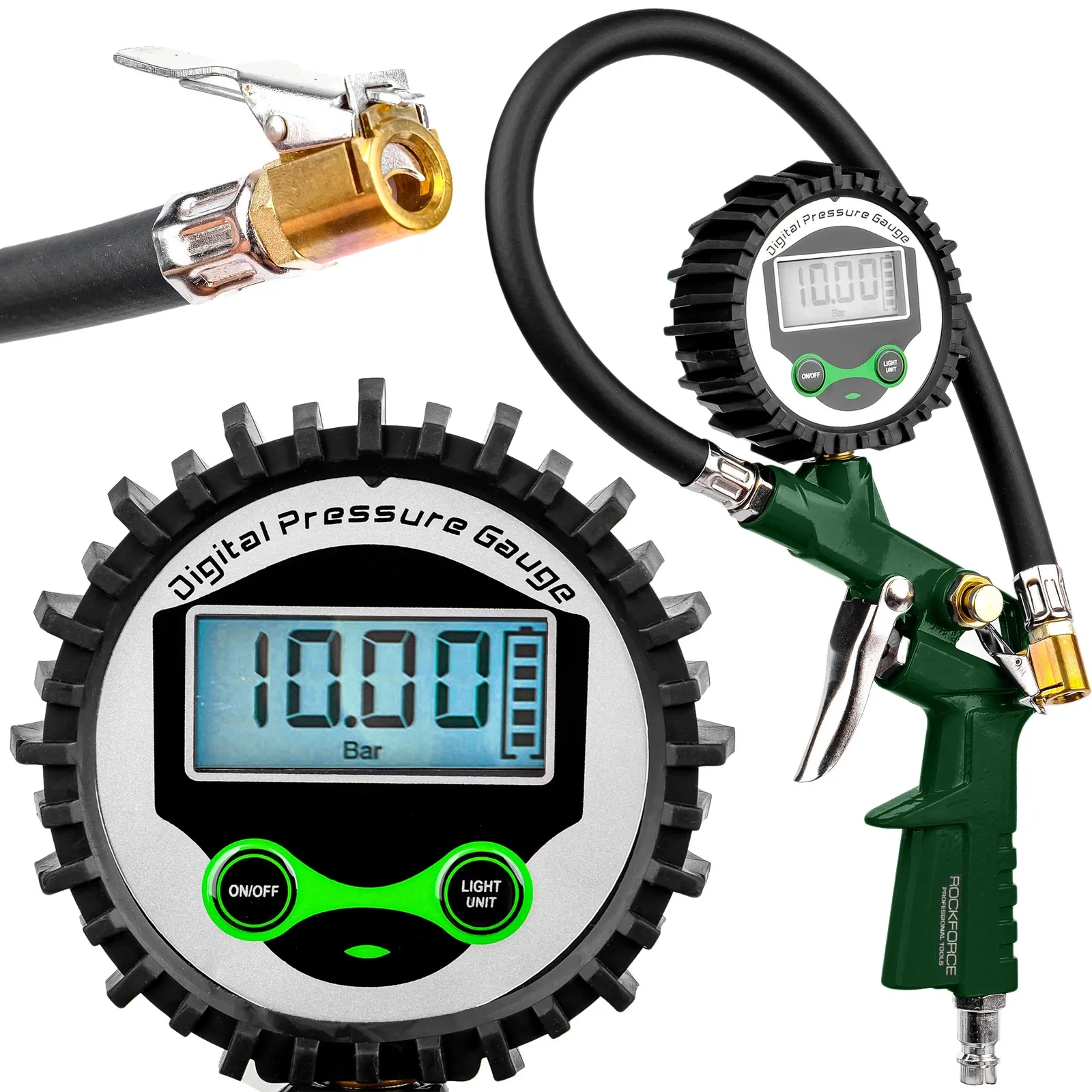 Pistolet do pompowania kół cyfrowy manometr lcd pompka samochodowa 18 bar ROCKFORCE