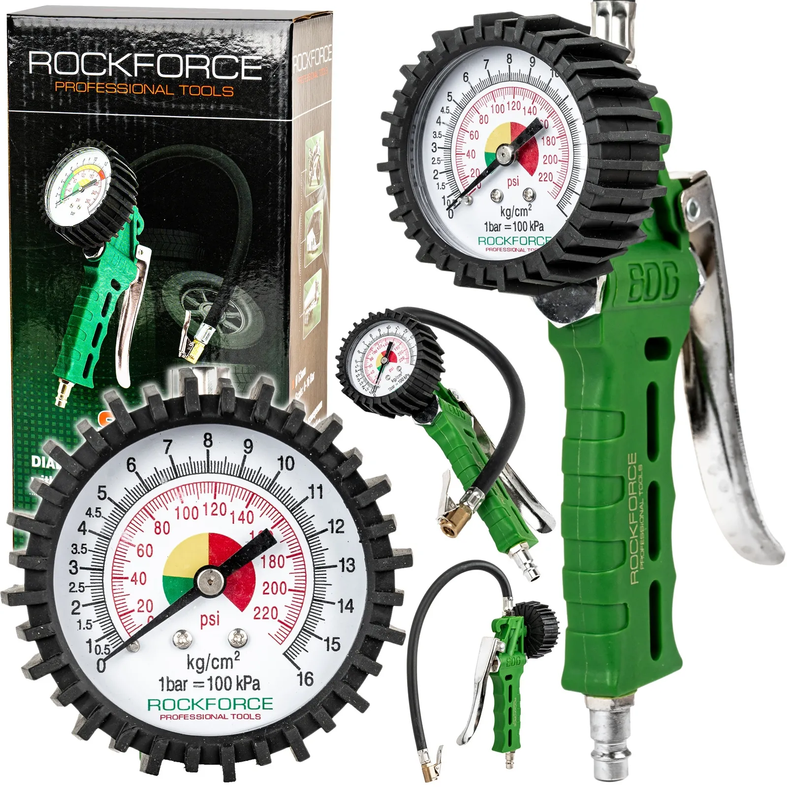 Pistolet do pompowania kół opon z manometrem manometr pompka wąż 16 bar ROCKFORCE
