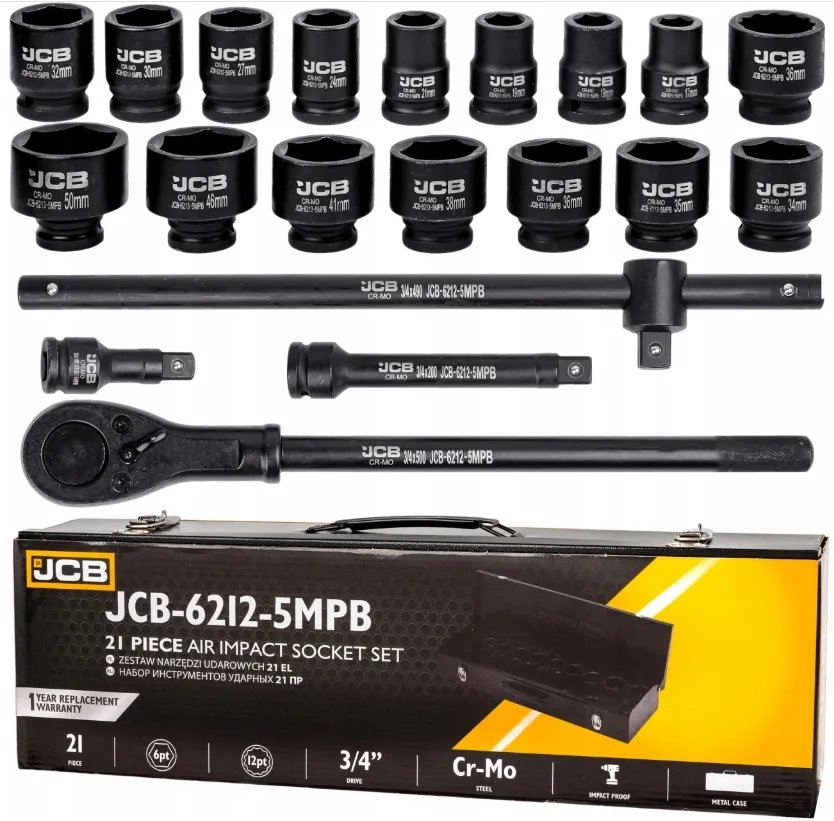 Zestaw nasadki udarowe nasadowe głębokie do klucza pneumatycznego 3/4" 17-50mm 21el JCB