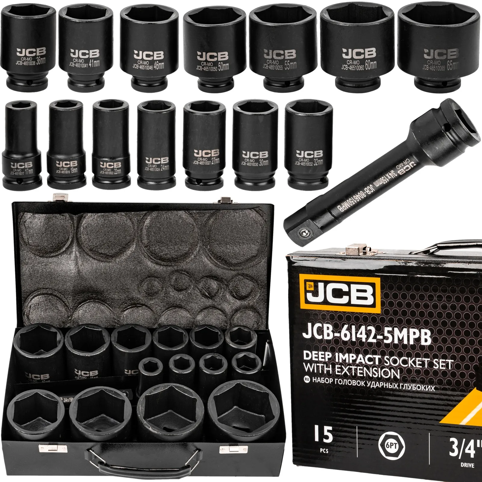 Zestaw nasadki udarowe głębokie do klucz pneumatyczny 3/4" 15el 17-65mm JCB