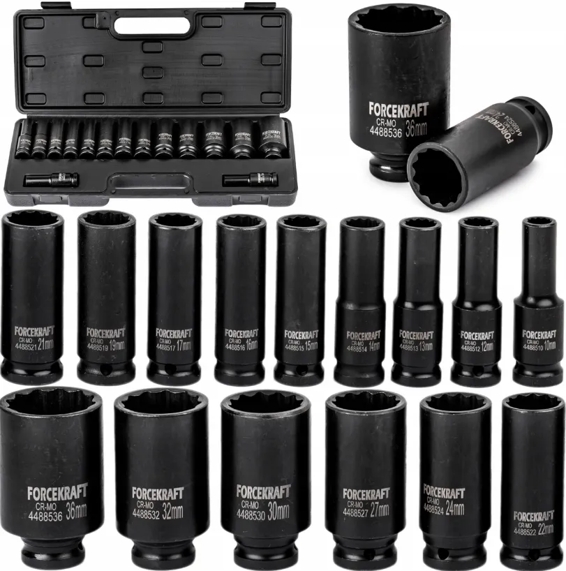 Zestaw nasadki udarowe głębokie do kluczy pneumatycznych 10-36 mm 1/2" 12 K 15el FORCEKRAFT