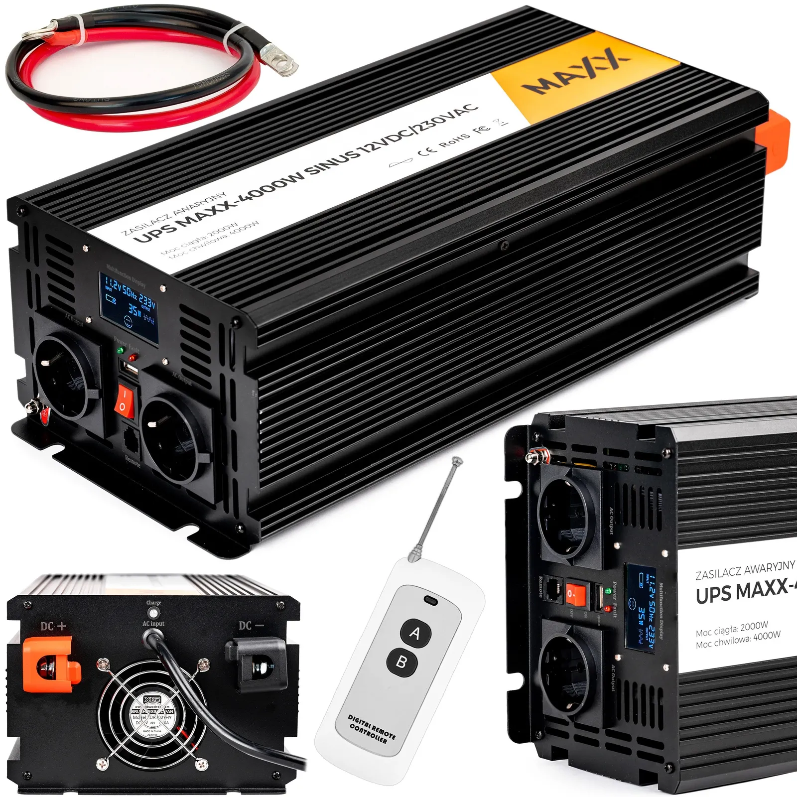 Przetwornica prądu napięcia UPS sinus 12v 230v MAXX 2000/4000W LCD PILOT 4SUN