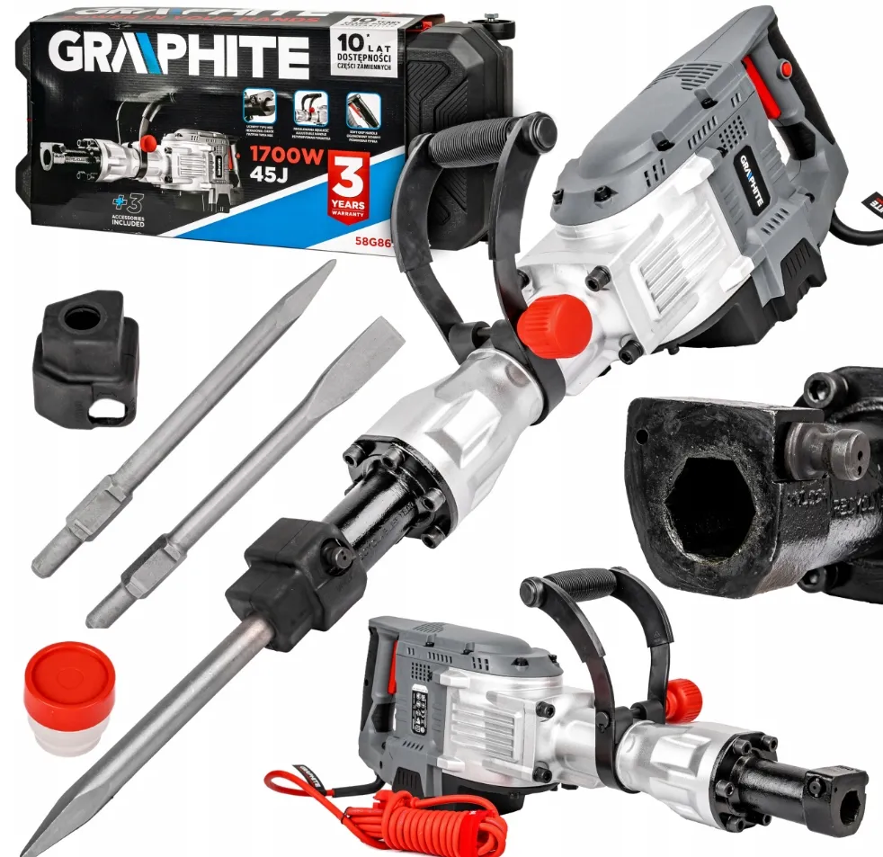 Mocny młot udarowy do kucia wyburzeniowy HEX30 2 dłuta 45J 1700w 58G868 GRAPHITE