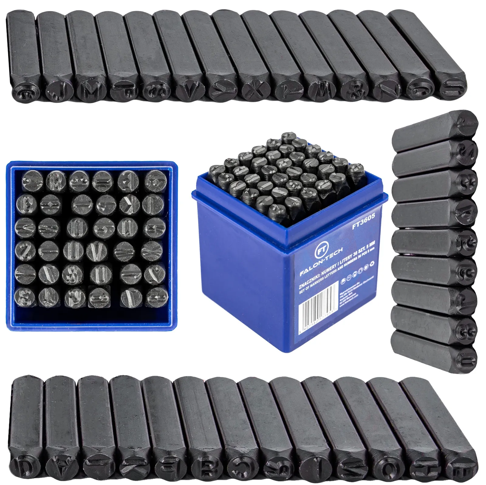 Numeratory znaczniki stemple wybijaki do metalu litery + cyfry 5mm 36el. FALON-TECH